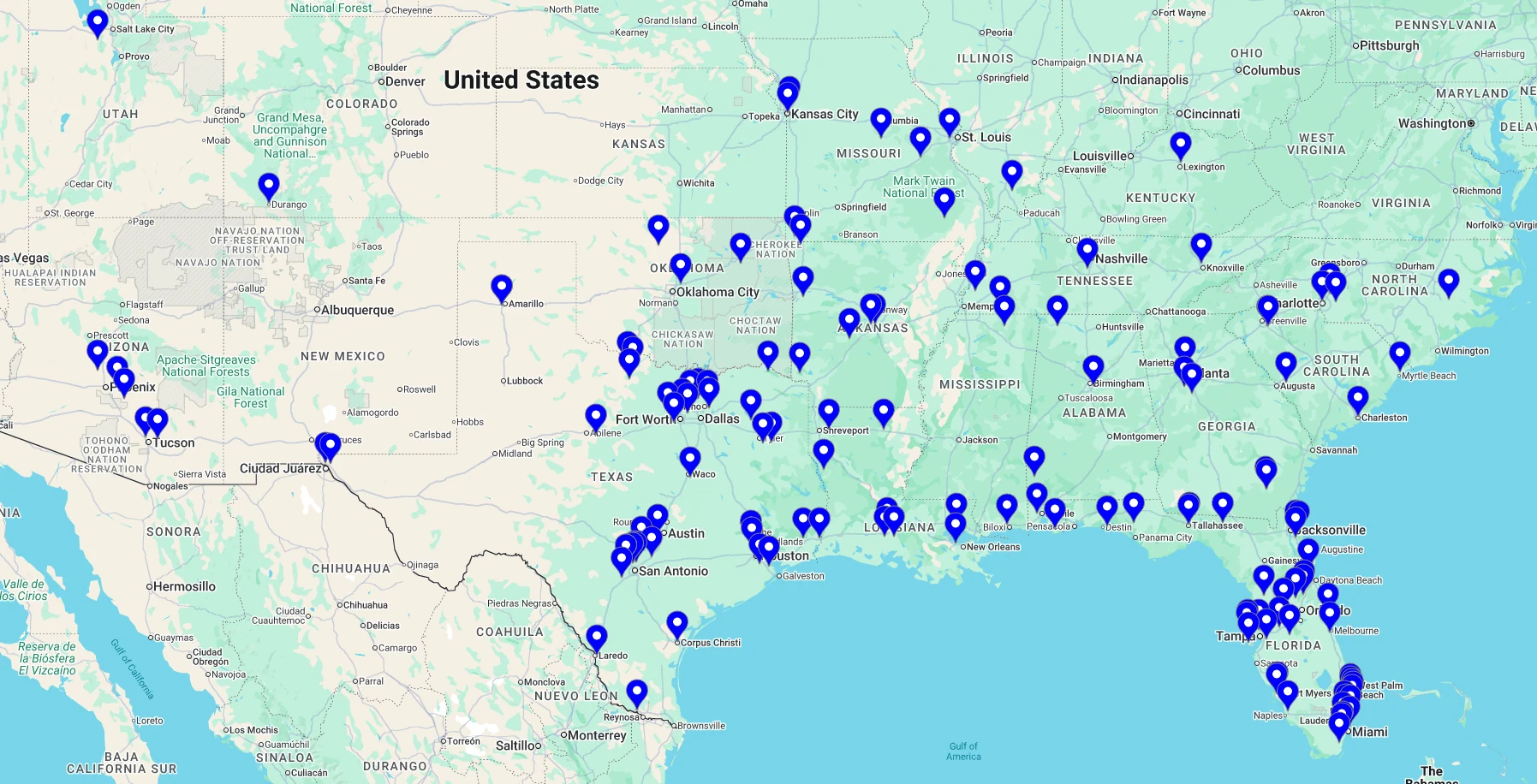 Heat map of active vetted DeltaCore adjusters across the Southern U.S.